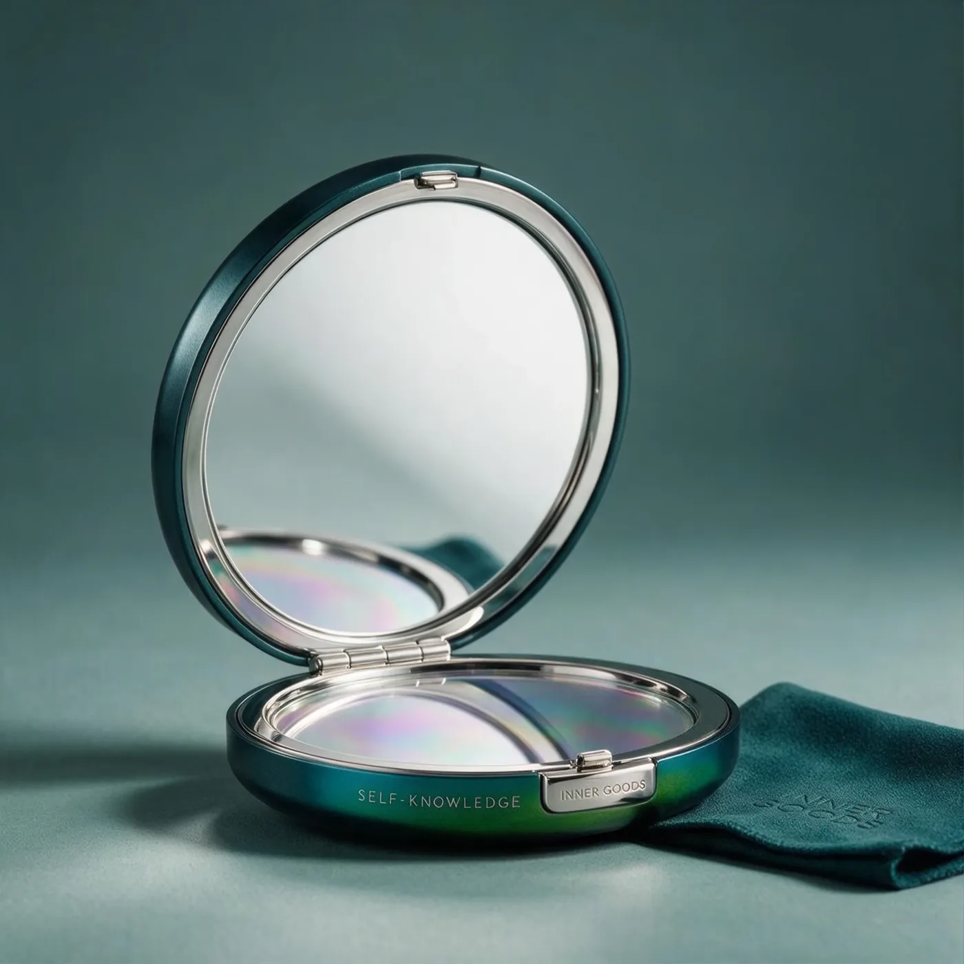 Inner Goods Self-Knowledge: a teal compact mirror, open, resting on its cloth.
