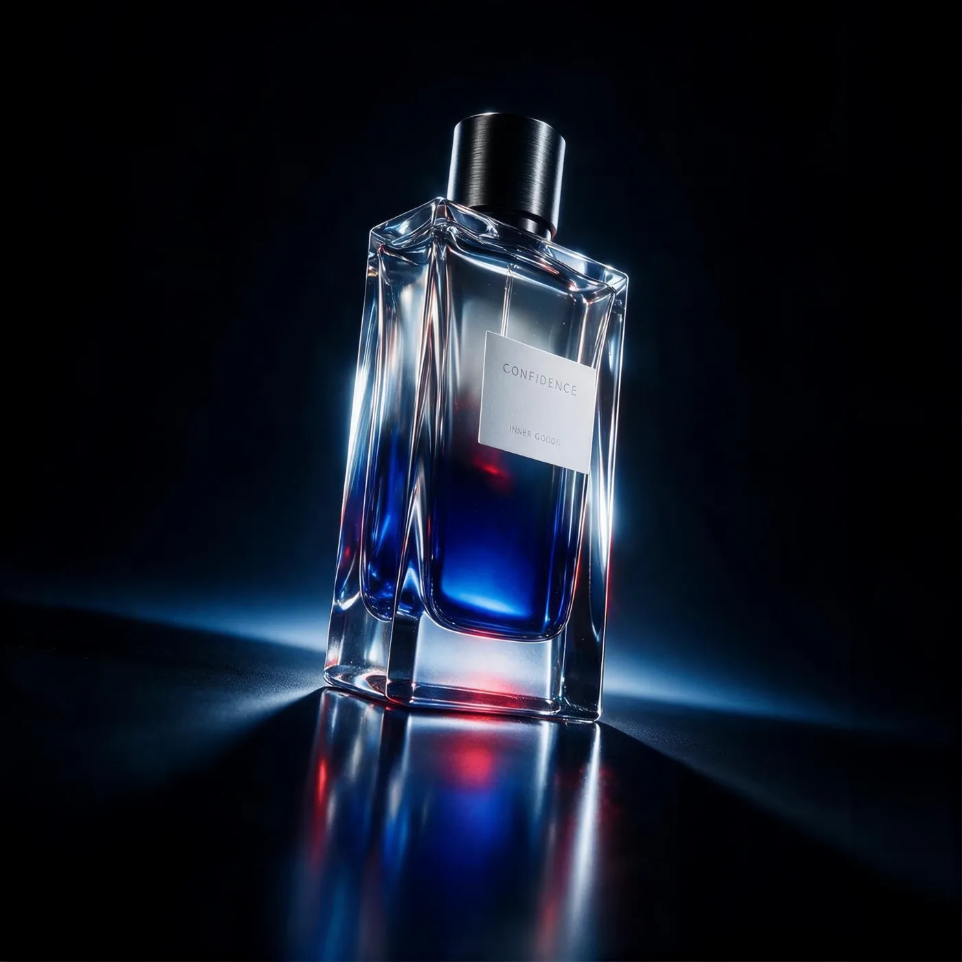 Inner Goods Confidence: a faceted eau de parfum bottle lit blue against black.